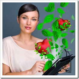 Portrait of young pretty woman holding tablet computer and glasses smiling on blue background. Hearts and green leaves are floating from her device. Valentine love message recieved